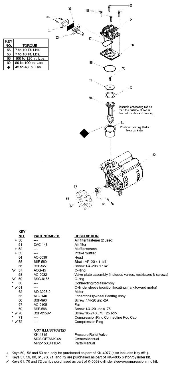 DEVILBISS OIL FREE AIR COMPRESSOR PUMP AND MOTOR, MODEL 150E4TTD-1, BREAKDOWN, PARTS LIST, REPLACEMENT PARTS, REPAIR KITS